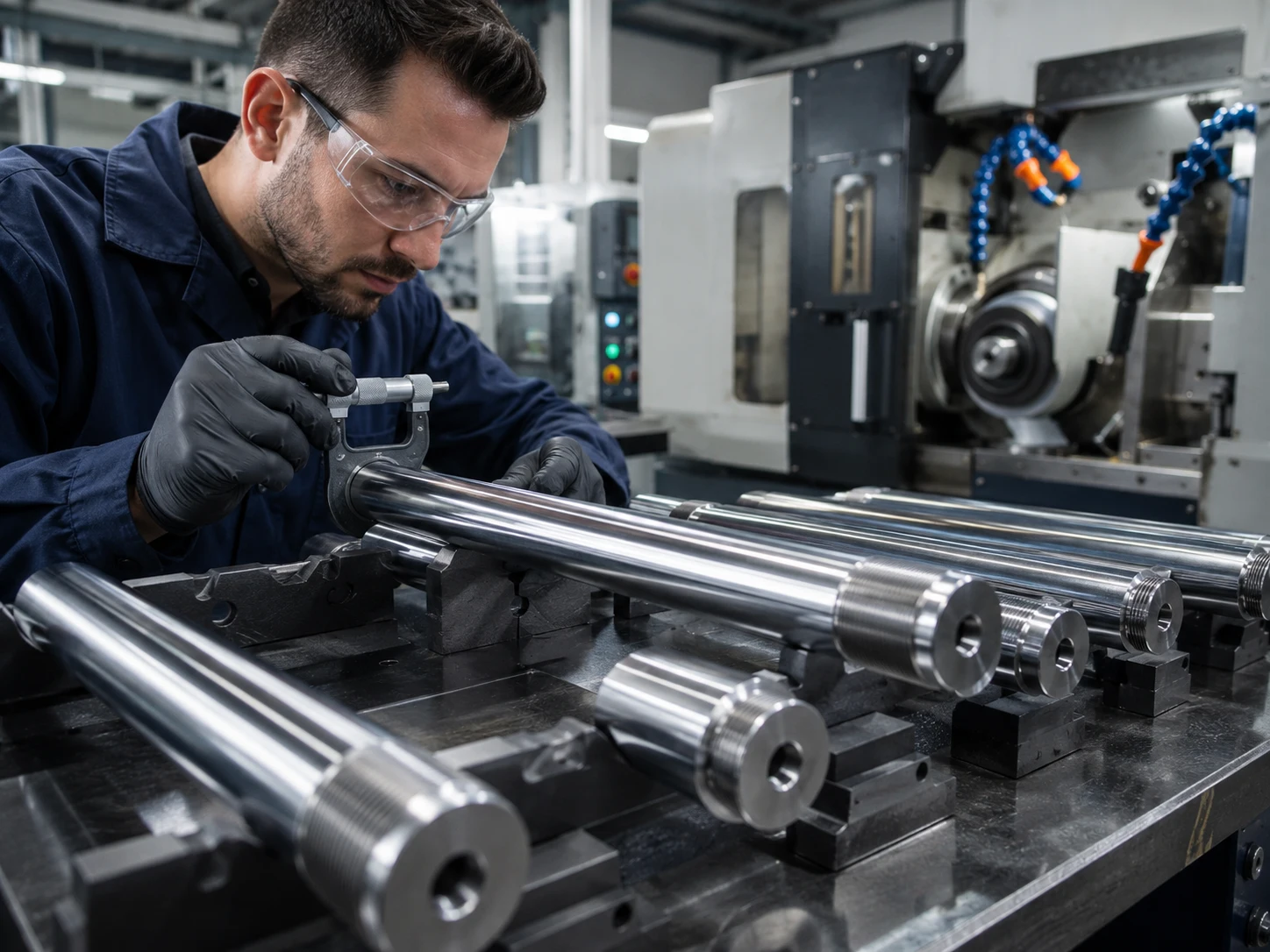 Inspecting precision metal shafts in workshop